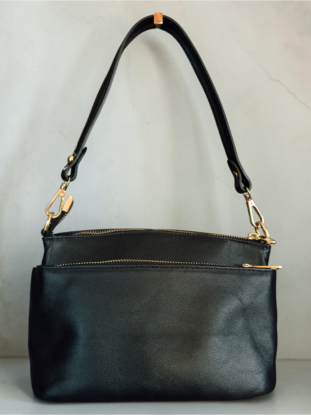 Divina Firenze Lilla Triple-Zip Black Italian Pebbled Leather Shoulder Bag. - Picture 2 of 14